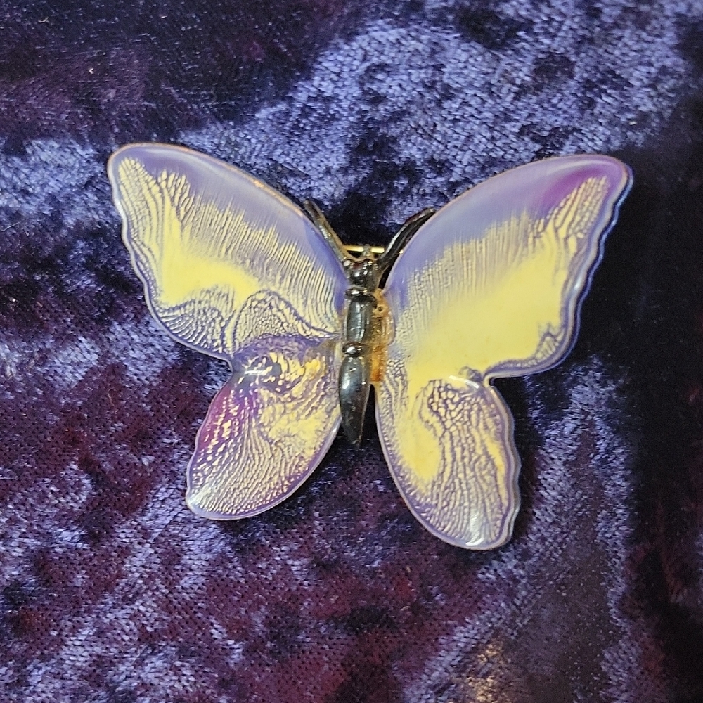 Double Wing Butterfly Brooch Blue & Yellow Paint Pour Style Enamel